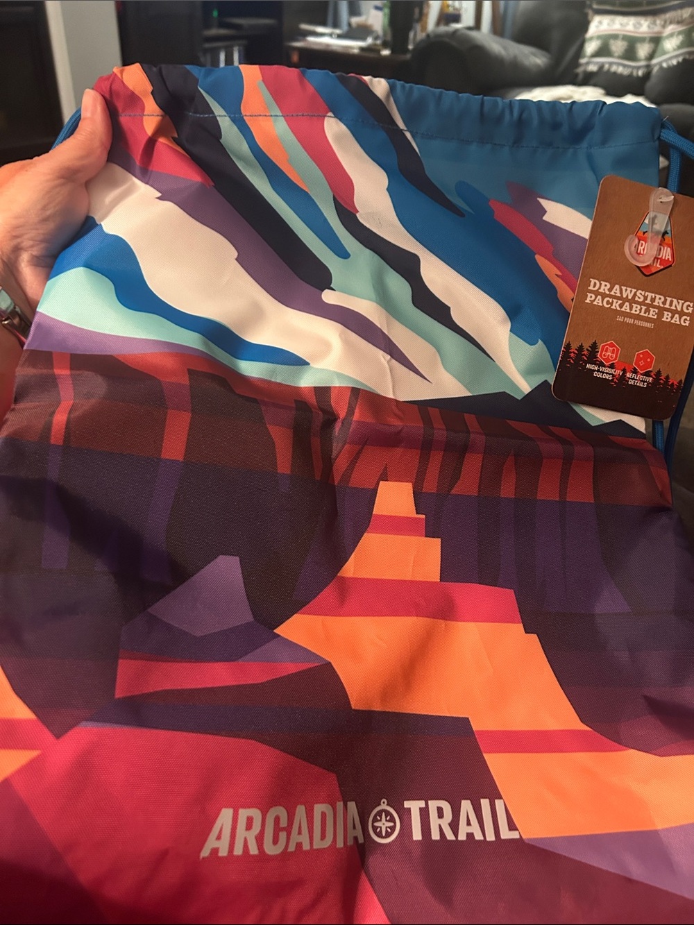 NWT Arcadia Trail Drawstring Packable Bag - Colorful Mountain Print